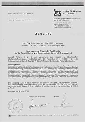 Zeugnis Raumdesinfektion Tatortreiniger Dirk Plähn