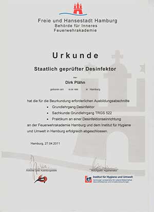Urkunde Desinfektor Tatortreiniger Dirk Plähn