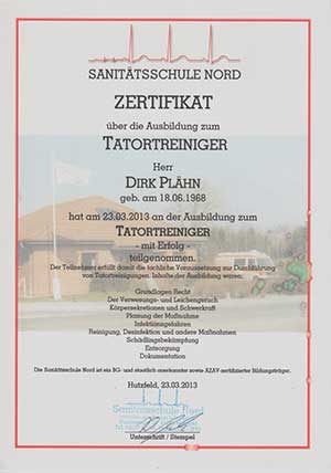 Zertifikat Tatortreinigung Nord Dirk Plähn